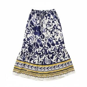 Mlle Gabrielle Blue White Mediterranean Floral Midi Skirt XL Resort Coastal Chic